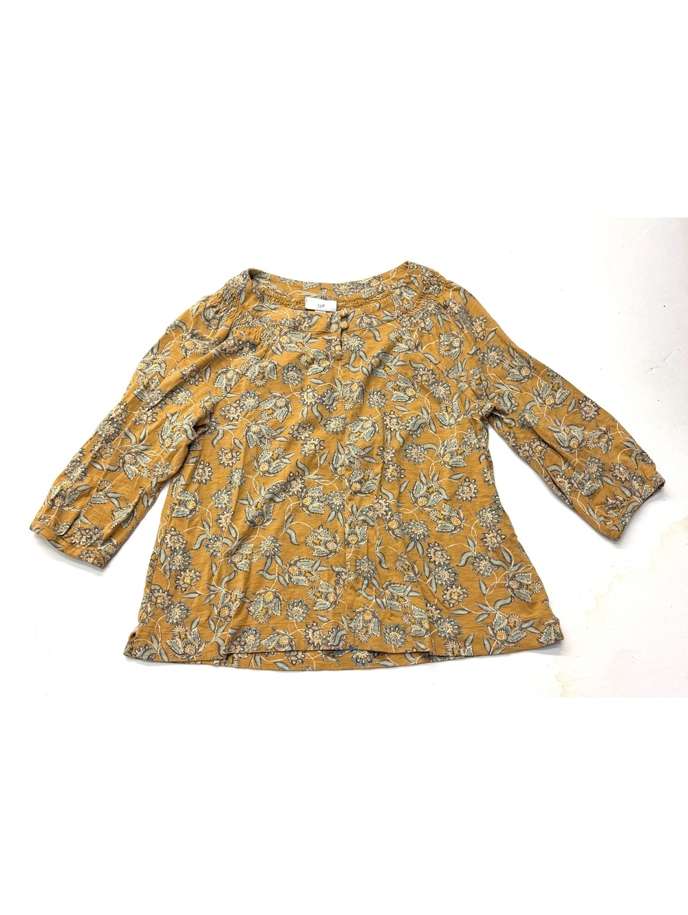 J.Jill Mustard Floral Blouse Top Smocked Neckline XS Petite 3/4 Sleeve Tee